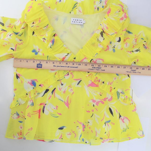 Tanya Taylor Lourdes Floral Cotton Blouse Yellow Ruffle V Neck Balloon Sleeve 4 - Picture 10 of 14